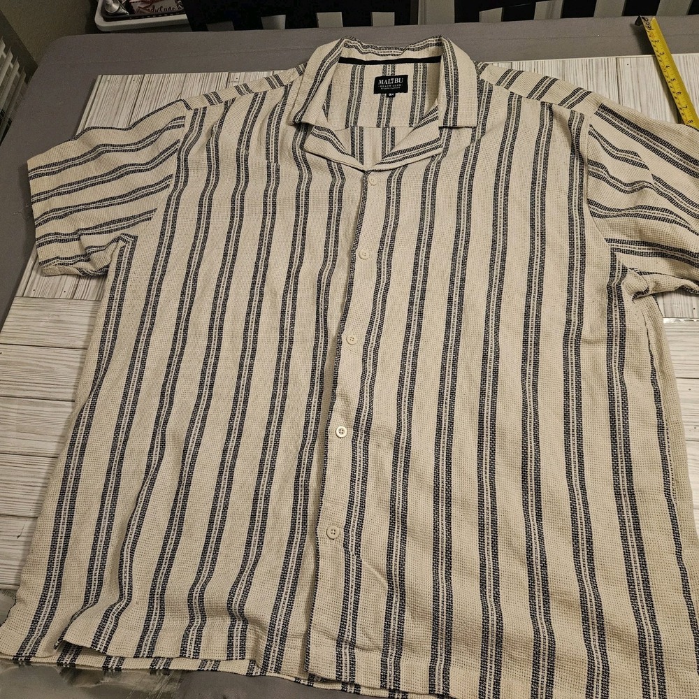 Malibu Beach Club shirt Mens 3XL‎ Striped Ecru Short Sleeve Button-Up